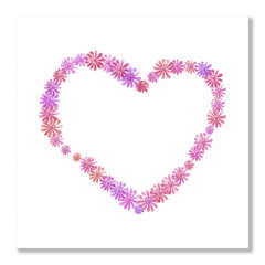 Watercolor floral frame in the shape of a heart. Wreath of pink and purple flowers. Postcard, baner, wedding invitation, blank template.