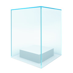 Empty transparent glass showcase with podium. 3d rendering.
