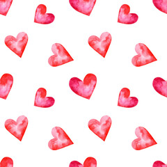 Seamless watercolor pattern for Valentine day red hearts isolated on white for textile and wrapping paper
