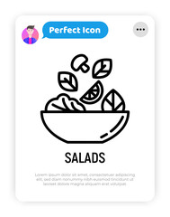 Salad in bowl thin line icon. Ingredients are falling in bowl: lemon, champignon, lettuce. Healthy food. Modern vector illustration for salad bar.