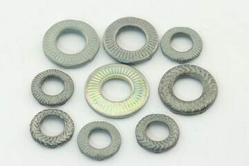 Metal washers close-up on a white background.