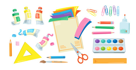 Set of school supplies for children's creativity. Color paper, scissors, glue, paints, pencils, rulers and paper clips. In cartoon style. Isolated on white background. Vector illustration.