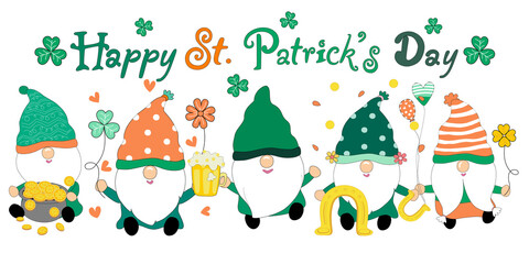 Bundles Happy Patrick's Day with the cute gnomes. Designed in green tones Can be modified for a variety of uses, such as decorating Patrick's day, T-shirt designs, stickers, pillow patterns, postcards