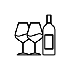 Wine bottle and two glasses thin line icon. Romantic dinner. Modern vector illustration.