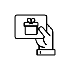 Hand with gift card. Certificate for purchase, discount, coupon. Thin line icon. Modern vector illustration of present for Christmas, Valentine day or birthday.