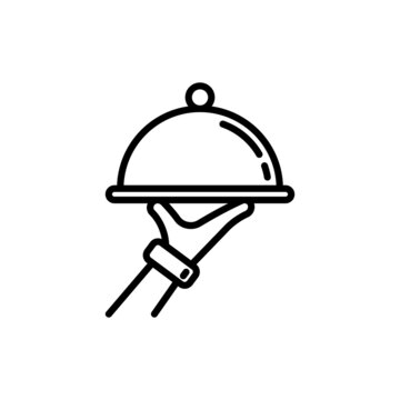 Food service thin line icon: cloche in waiter's hand. Cathering. Modern vector illustration of restaurant delivery.