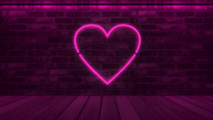 Neon glowing heart on the background of a brick wall. Abstract dark background. 3d illustration