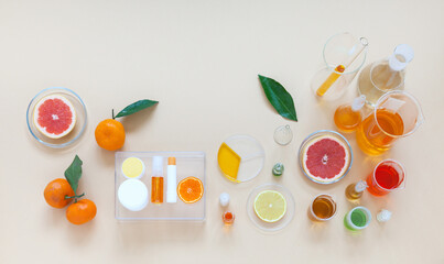 Natural cosmetics with citrus extracts. Presentation cosmetological laboratory experiments. Top...
