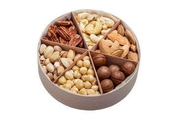 wooden round gift dish with triangular cells and mix of different types of nuts for healthy diet of vegetarians isolated on white, nobody.