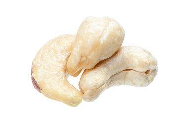 heap of cashew nuts roasted and peeled close-up isolated object on white background, nobody.