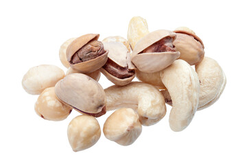 peeled hazelnuts and cashew with salted pistachio in shell, pile . of deferent nuts close-up of protein healthy food isolated on white background, nobody.