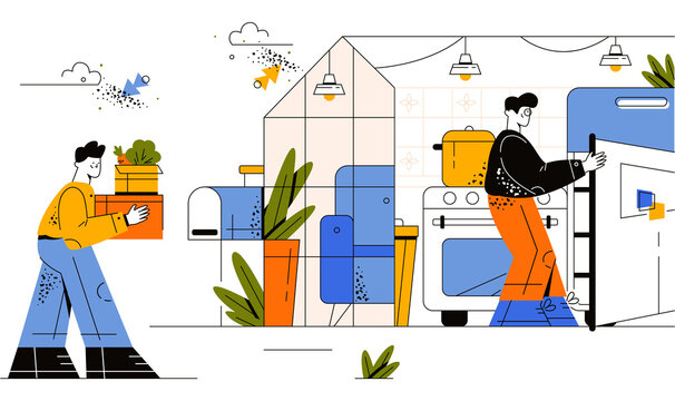 The courier delivers the parcel to the door of the house. Delivery service. A delivery man with large boxes approaches the customer's house. Fast and safe delivery of parcels to your home. Vector