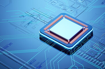 3D rendering of cyberpunk AI. Circuit board. Technology background. Central Computer Processors CPU and GPU concept. Motherboard digital chip. Tech science background.