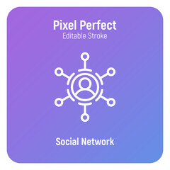 Social network thin line icon. Person connects with others. Pixel perfect, editable stroke. Vector illustration.