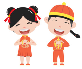 Chinese Kids  cartoon greeting pose