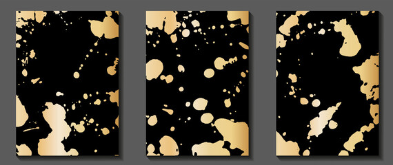 Gold vintage art vector set with splashes. Grunge luxury cover design. Gold vector texture on black background. Hand drawn abstract illustration for cover, wallpaper, print.