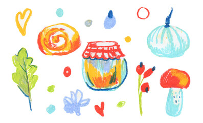 Set of Thanksgiving wax illustrations on white isolated background in doodle.A collection of textured,autumn,brightly colored hand drawn oil pastel pictures in a children's style.Designs for stickers.