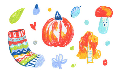 Set of Thanksgiving wax illustrations on white isolated background in doodle.A collection of textured,autumn,brightly colored hand drawn oil pastel pictures in a children's style.Designs for stickers.