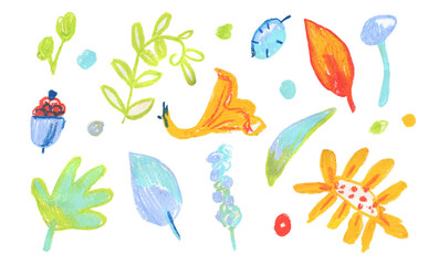 Set of Thanksgiving wax illustrations on white isolated background in doodle.A collection of textured,autumn,brightly colored hand drawn oil pastel pictures in a children's style.Designs for stickers.