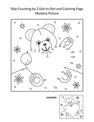 Skip counting by 2 dot-to-dot and coloring page - teddy bear and big heart. Answer included.
