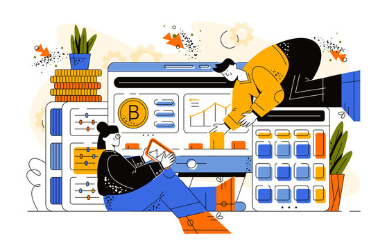 A young man sits on a huge calculator and monitors the statistics and analytics of the cryptocurrency. The girl holds a graph in her hands and watches how Bitcoin grows. The flower stands on huge coin