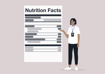 Nutrition facts, added sugar, healthy lifestyle, the balance of ingredients in daily ration, a young character with a badge explaining a product label