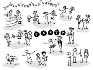Fototapeta premium Handdrawn stickmen illustration. People having fun together, dancing, drinking at a party or celebration. Isolated vector illustrations with different party activities.
