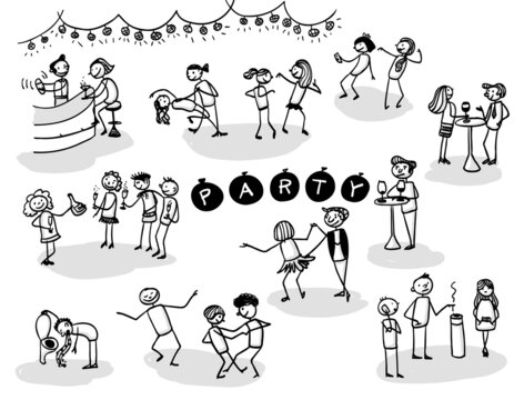 Handdrawn stickmen illustration. People having fun together, dancing, drinking at a party or celebration. Isolated vector illustrations with different party activities.