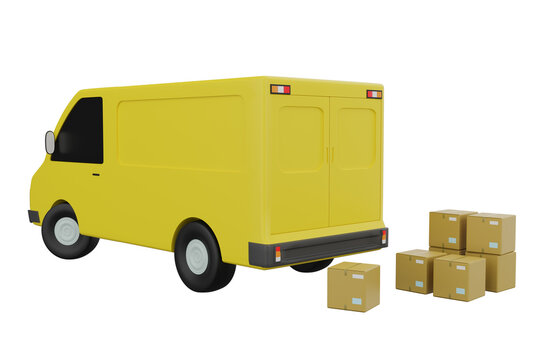 3D rendering illustration Yellow delivery truck with paper box express Delivery Online shopping and delivery service with clipping path