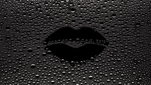 Lip shape printed on the wet glass blown off with air stream on black background | lip care concept