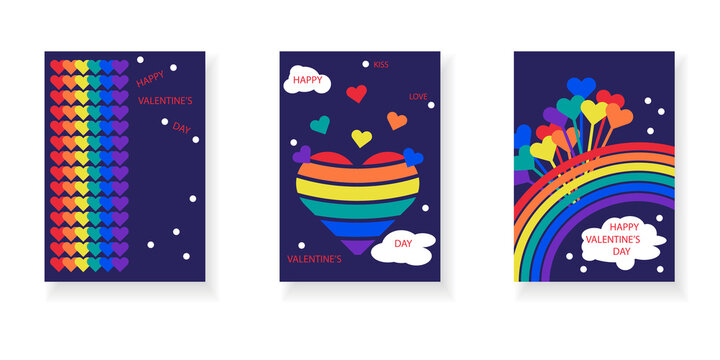 Colorful Valentine's Day greeting card set for the LGBT community. Hearts, clouds, rainbow on dark blue background.
