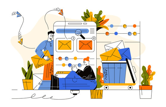 The girl sits near a huge screen with an open mail. The guy holds huge envelopes in his hands. A bucket is full of letters. In the background flying planes from letters flying to the smartphone. 