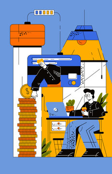 A huge flask fills with large coins from a credit card. The guy sits at his laptop and invests in successful and profitable projects. People calculate and analyze personal or corporate budget. 
