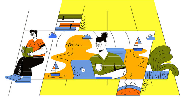 The process of the emergence of inspiration and creative solutions. A girl sits at a computer and around her is an orange sea and ships with clouds. The guy is sitting on the stairs and reading a book