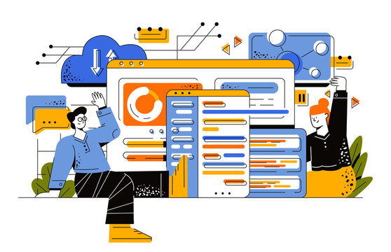 Development of system software, integration of database systems. A young man and a girl are sitting near huge monitors with graphs and are conducting integration. Flat people vector illustration.