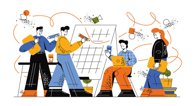 Students at the university stand and write with a pencil on a blackboard. A girl with coffee and a laptop in her hands sit on a chair near the blackboard. Student learning process. Vector