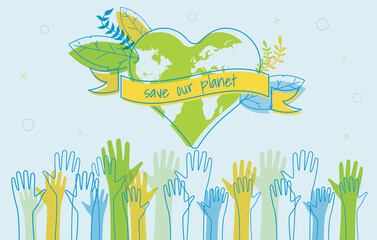 save the world Ecology concept. silhouettes of hands raised up Suitable for posters flyers banners for Earth Day - 483079985
