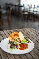 burger with salad