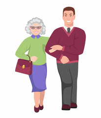 Smiling elderly woman walked arm in arm with a young man. Grandma is walking with an adult grandson. The concept of longevity and a healthy lifestyle. Vector isolated flat illustration