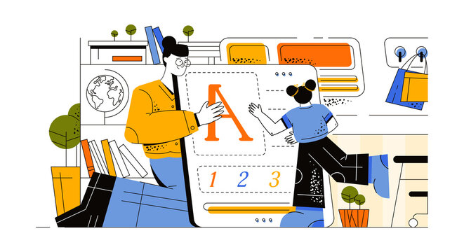 Preparation for the Day of Knowledge. The teacher shows a huge letter on the dashboard. The girl reads letters. The teacher teaches children to write, read and count, Flat vector illustration