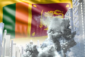huge smoke column in abstract city - concept of industrial accident or terroristic act on Sri Lanka flag background, industrial 3D illustration