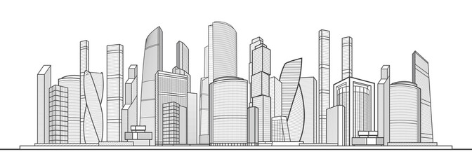 Modern town. Urban city complex. Business center. Citycape pamorama. Infrastructure outlines illustration. Black outlines on white background. Vector design art 