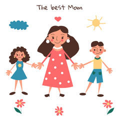 A happy mother, son and daughter isolated are smiling outside. Children's drawing of a family. Cartoon cute kids flat hand draw style. Trendy bright colors. Isolated object on a white background.