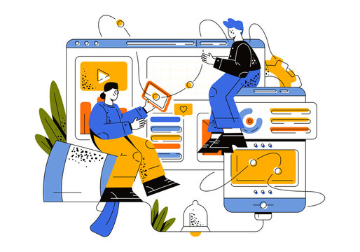 holds a tablet in her hands. A guy and a girl near large monitor screens are engaged in business promotion and strategy analysis. Flat vector illustration