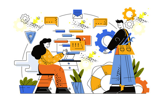 Round-the-clock technical support. The girl receives messages from clients while sitting at the computer. A young man is holding a huge gear. Safety icons, messages, envelopes fly in the background.
