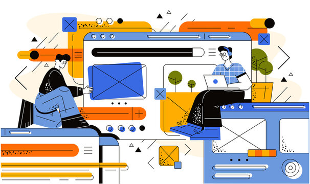 People create an interface on a huge screen. The guy sits in headphones with a laptop on a huge dashboard and studies the user interface experience. User interface design and analysis process.