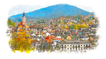 Panoramic view of the spa town of Baden-Baden, the Stiftskirche (collegiate church) and the town, Baden-Wurttemberg in Germany, watercolor sketch illustration. - obrazy, fototapety, plakaty
