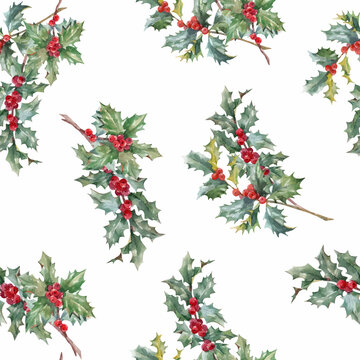 Beautiful vector floral christmas seamless pattern with hand drawn watercolor holly branches. Stock 2022 winter illustration.