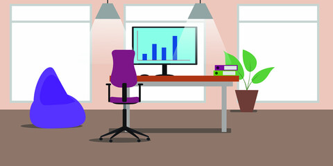Office chair table and computer. Vector illustration of a modern office