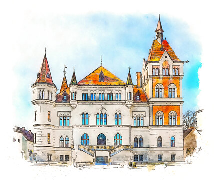 Villa Hold on the church square in Feldbach in Styria, Austria, watercolor sketch illustration.